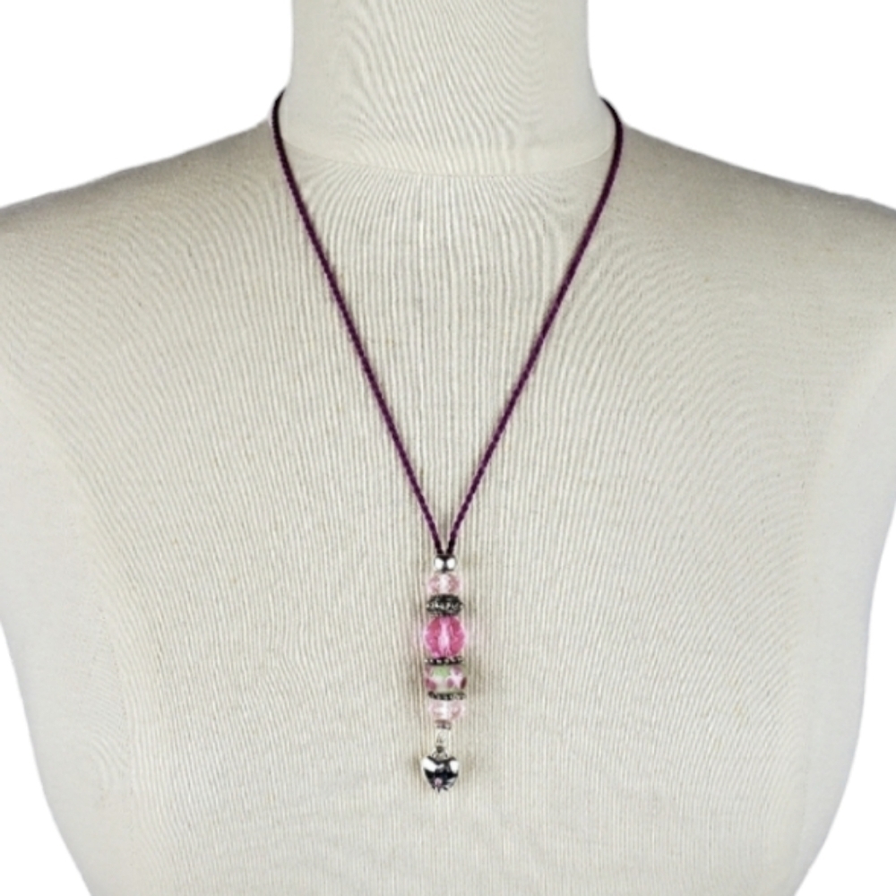 Saq Handmade Glass Bead Heart Necklace Satin Cord Lanyard Valentine's Day